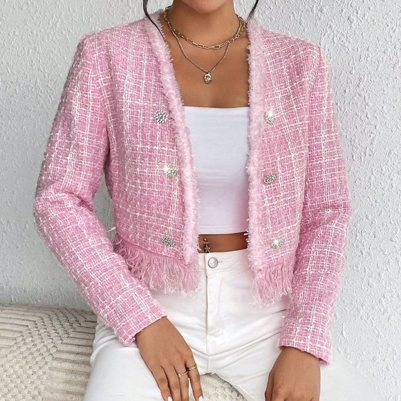 Pink Casual Womens Raw Trim Double Breasted Tweed Overcoat - Picture 3 of 5